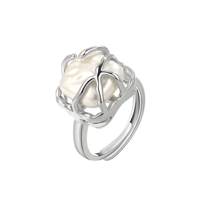 French vintage adjustable silver ring with a cage design holding a baroque pearl