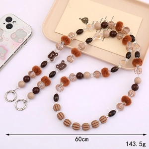Acrylic beaded bear crossbody chain with plush ball and metal clasp for phone or bags, 60cm