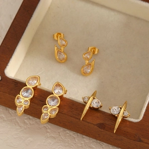 Three pairs of elegant gold-plated stainless steel earrings with sparkling zircon stones