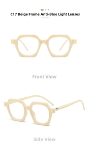 Front and side view of beige hexagonal blue light blocking glasses frames style C17