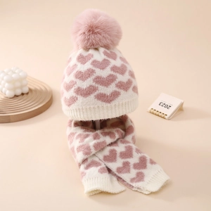 Baby Winter Warm Strickmütze Und Schal Set Herz Jacquard Kunstfell Bommel Für Neugeborene Mädchen