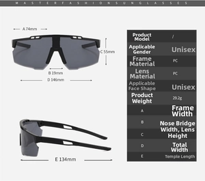 Detailed size chart and technical specifications for large frame sports cycling sunglasses