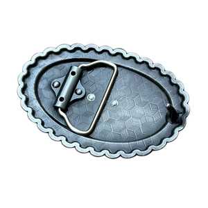 Oval zinc alloy western cowboy belt buckle back view with geometric texture and pin