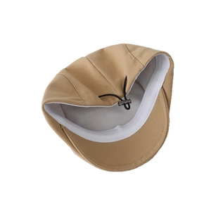 Khaki embroidered children's beret hat with adjustable drawstring and white lining