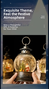 Close-up of vintage Christmas lantern music box with Santa Claus and snowing light effect