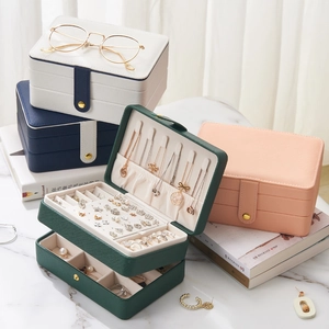 Multi-tier portable PU leather jewelry storage box showing open and closed color options