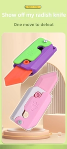 Detailed view of colorful 3D gravity radish knives for stress relief in pink and green