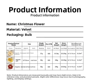 Detailed size chart for Christmas magnolia flowers in champagne gold, gold, and wine red