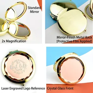 Golden foldable double-sided metal makeup mirror with 2x magnification and crystal surface