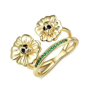 Retro S925 Sterling Silver Gold Plated Skull Sunflower Ring Gothic Green Rhinestone Hip Hop Unisex Fashion Jewelry Accessory