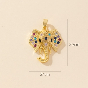 Gold elephant pendant necklace with colorful zircons measuring 2.7cm by 2.1cm size