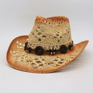 Hollow out straw cowboy hat with ethnic beaded band and gradient brim for summer travel