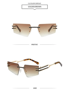 Detail view of rimless geometric sunglasses with gold frames and brown gradient lenses
