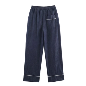 Women's casual dark blue denim trousers with elastic waist and white trim detail