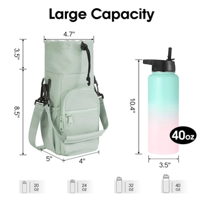 Water bottle carrier bag in sage green with adjustable strap and dimension markings