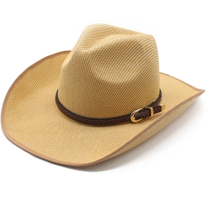Western Cowboy Straw Hat With Woven Belt Metal Buckle Wide Brim Breathable Retro Summer Beach Sun Protection Travel Hat