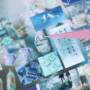 Japanese aesthetic PET decorative stickers with translucent ocean and vintage motifs