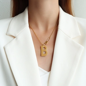 Collier En Acier Inoxydable Pendentif Lettre B Charme Épingle À Nourrice Chaîne À Billes Asymétrique Plaqué Or Bijoux Mode