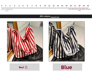 Detailed comparison of red and blue striped canvas tote bags with size scale markers