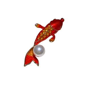 Exquisite koi fish brooch with red and gold enamel and a large round pearl accent