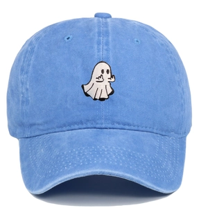 Close-up of ghost embroidery and washed cotton twill fabric on blue baseball cap