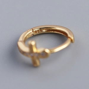 S925 sterling silver gold plated cross hoop earrings with engraved 925 certification