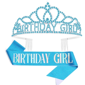 Close-up of blue rhinestone crown and matching Birthday Girl fabric sash for parties