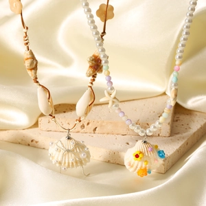 Starfish Natural Shell Pendant Necklace Bohemian Beach Ocean Style Beads Artificial Pearl Handmade Jewelry For Women