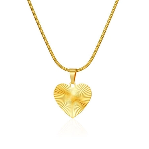 Close-up of 18K gold-plated heart pendant with sunburst texture and snake chain