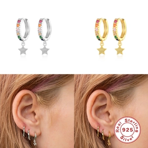 S925 sterling silver star hoop earrings with colorful zircon and model wearing view