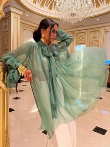 Elegant Sheer Chiffon Blouse With Pussy Bow Tie Long Sleeve Ruffle Cuffs Loose French Retro Style Tops For Women