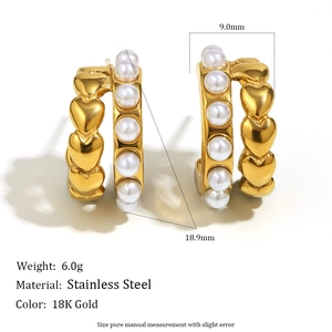 18K gold plated stainless steel C-shaped earrings with heart chain and pearl accents