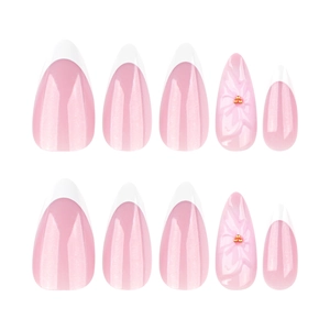 Faux ongles amande French manucure rose et blanc avec fleurs 3D et perles dorées