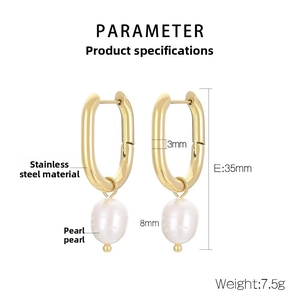Detailed view of 35mm golden stainless steel earrings with 8mm pearls and dimensions