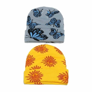 Bonnets en tricot à motifs papillon et tournesol en gris et jaune avec protège-oreilles