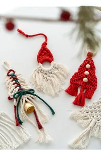 Handmade macrame Christmas tree ornaments with Santa Claus designs and wooden beads