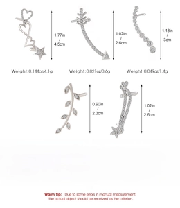 Detailed size and weight measurement chart for zircon leaf ear cuffs in copper material