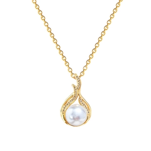 Elegant fishtail gold necklace with white pearl and sparkling crystals on white background