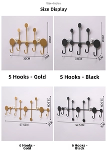 Detailed dimensions of gold and black wall-mounted metal coat hooks with staggered round rods