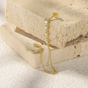 Detail of S925 sterling silver chain earrings with cubic zirconia and ear cuff link