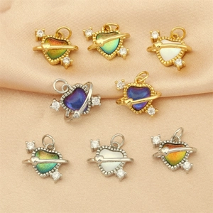 18K gold and silver heart planet pendants with zircon and iridescent crystal stones