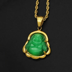 Chaîne torsadée en acier inoxydable doré avec pendentif Bouddha rieur en jadéite