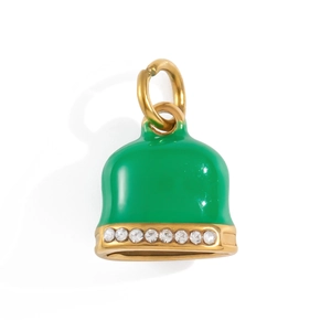 Detail of green enamel bell pendant with 18K gold finish and sparkling crystal rhinestones