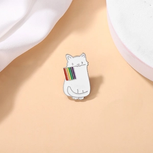 Cartoon White Cat Holding Rainbow Flag Enamel Brooch Alloy Badge For Backpack Clothing Decor Unisex Pride Fashion Jewelry