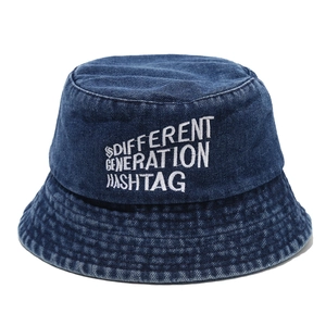 Deep blue washed denim bucket hat with white embroidered text for trendy women
