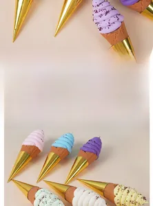 Detailed view of artificial chocolate chip ice cream cones with a golden mirror base