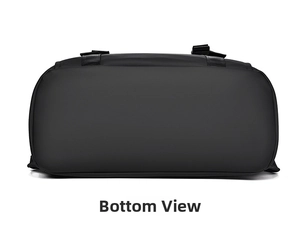 Flat lay bottom view of a black nylon business backpack showing waterproof fabric texture
