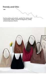 Detail view of suede tote bags in six autumn colors like burgundy and coffee