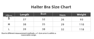 Size chart for seamless yoga sports bra showing measurements for S, M, and L sizes