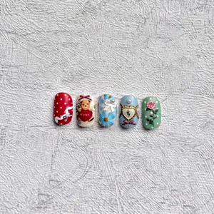 5D embossed vintage nail stickers featuring cute bears and retro floral patterns